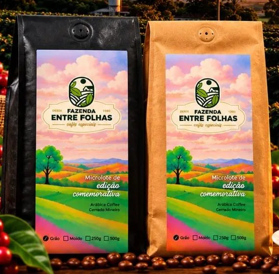 Embalagens ilustradas do café Fazenda Entre Folhas, uma apresentação da marca